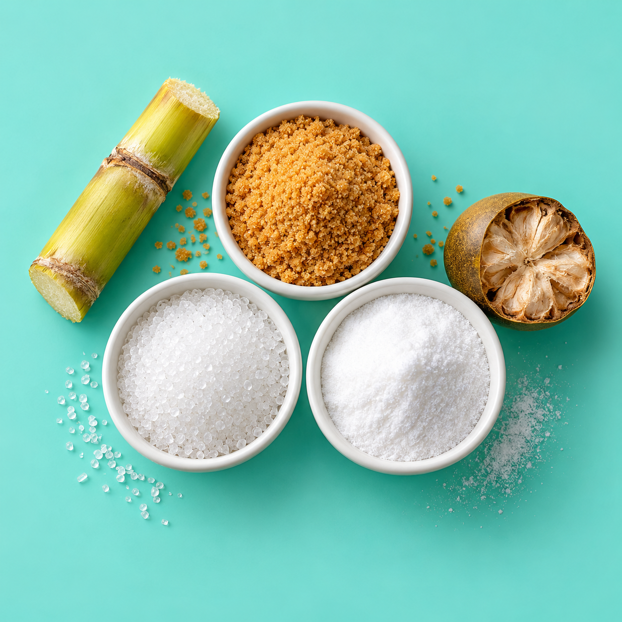 Golden-brown jaggery powder in a wooden bowl with a spoon, a few jaggery pieces beside it, light background. Best option: a real photo of FORMGUD.